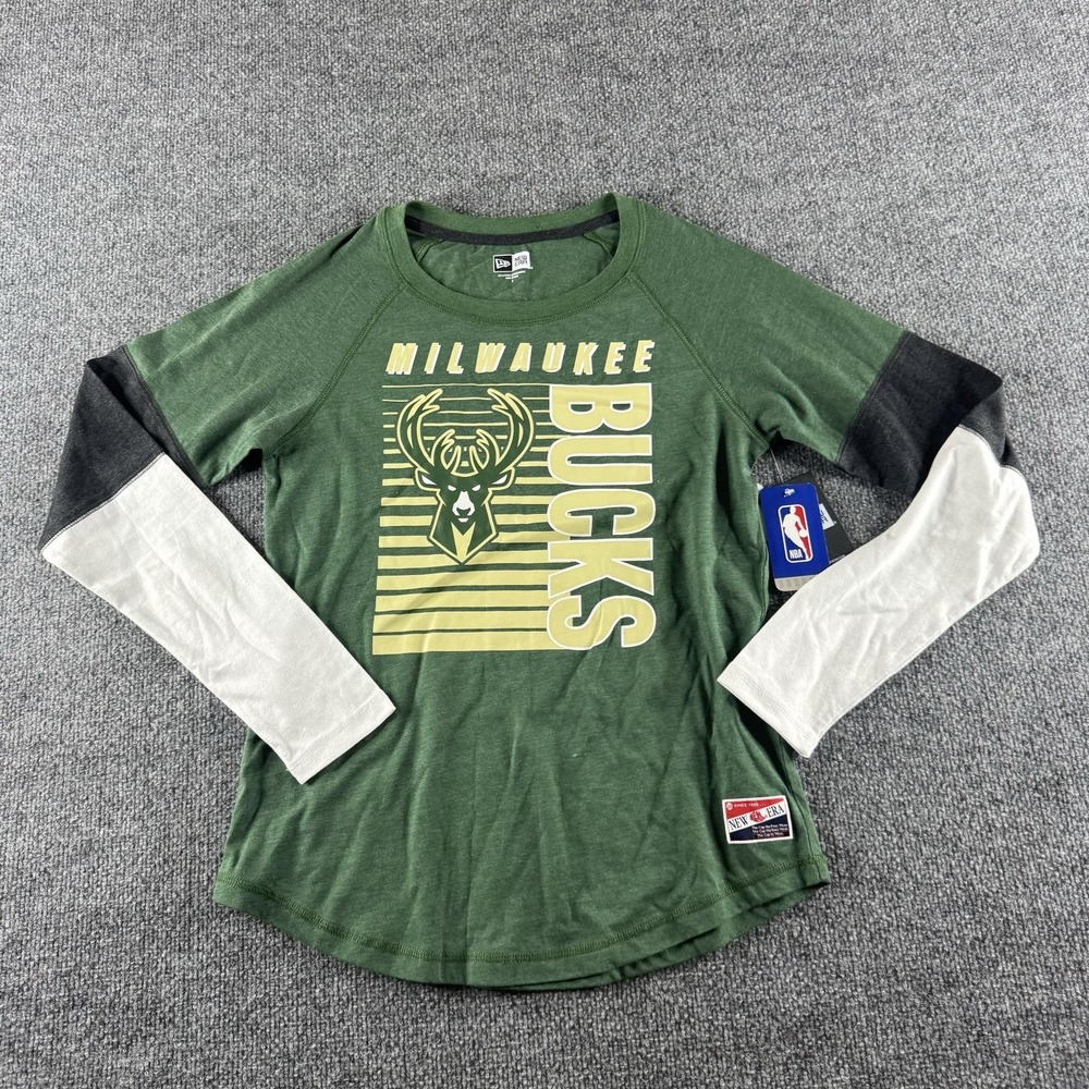 Milwaukee Bucks Shirt Womens Small Green NBA Basketball New Era Tri Sleeve Block